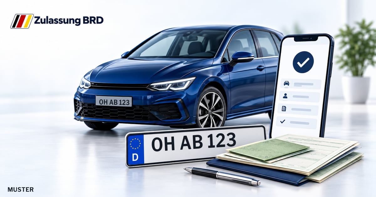 Online Fahrzeugzulassung in Scharbeutz: Musterkennzeichen OH AB 123, Auto und Fahrzeugpapiere und Smartphone. Illustration mit Logo von Zulassung BRD.